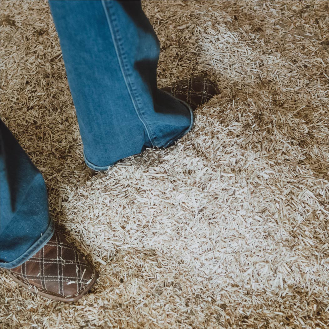 A pair of boots standing in Hemp Bedding.
